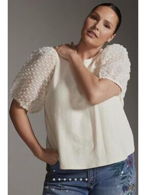 Anthropologie Maeve Woven Puff Sleeve Top Ivory 1X NWT